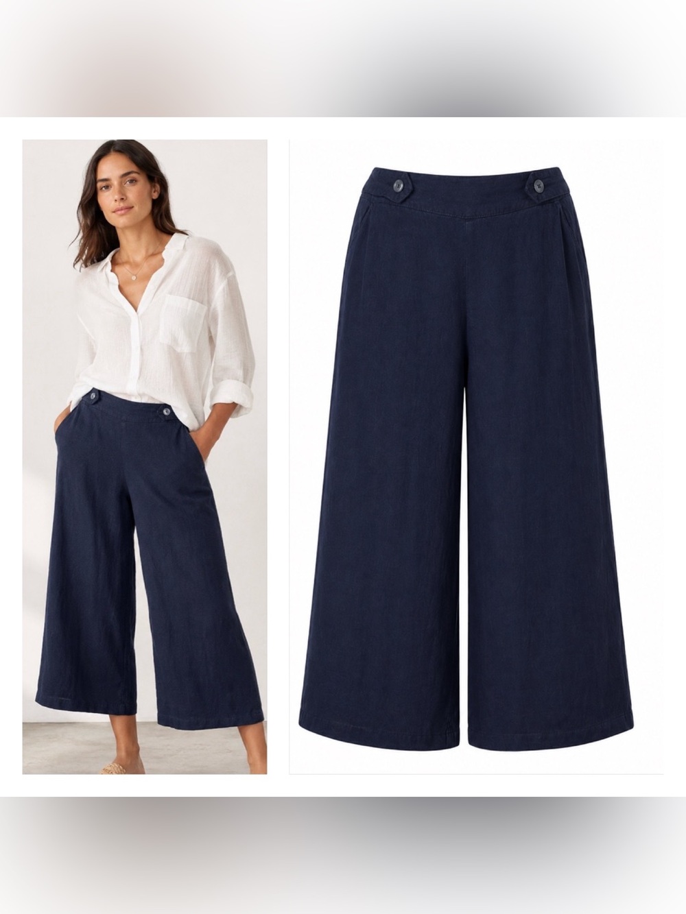 Womens Linen Wide Leg Cropped Pants Size Large Coastal Beachy Preppy Navy Blue